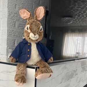 Plush Peter Rabbit Bunny Toy with Navy Jacket - Soft Brown